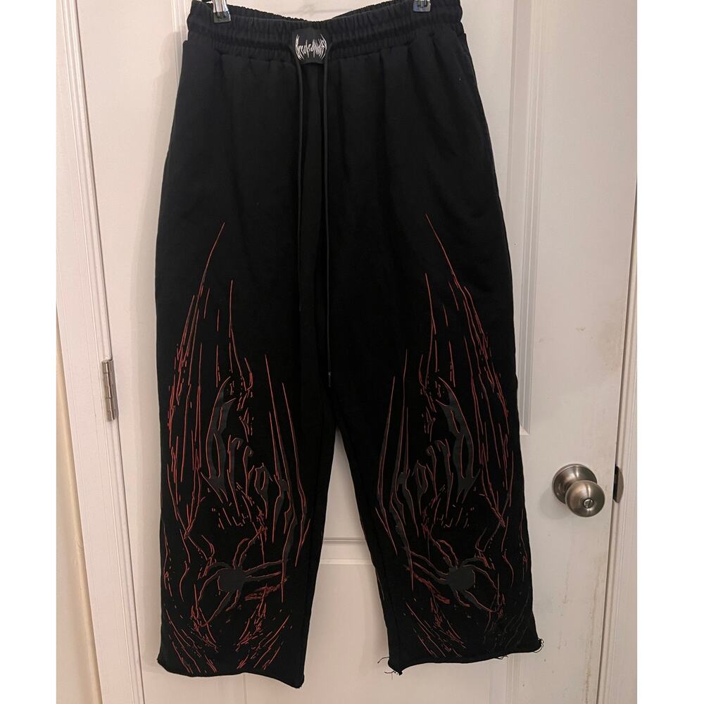 BreatheDivinity Mens Black Sweatpants L Red Spider Lightning Graphic Y2K Grunge